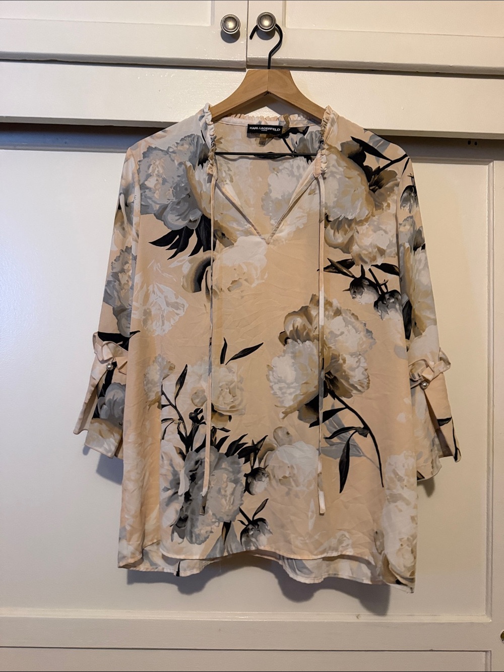 Karl Lagerfeld Floral Tie-Neck Tunic in Blush and Black